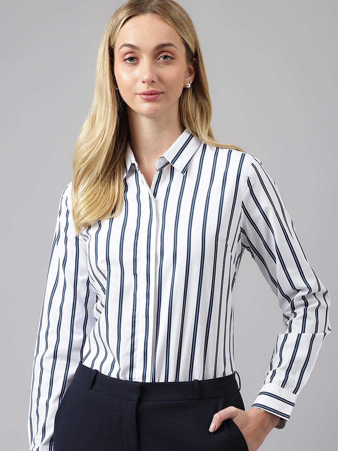 Women White &Navy Stripes Pure Cotton Regular Fit Formal Shirt - #folk republic#