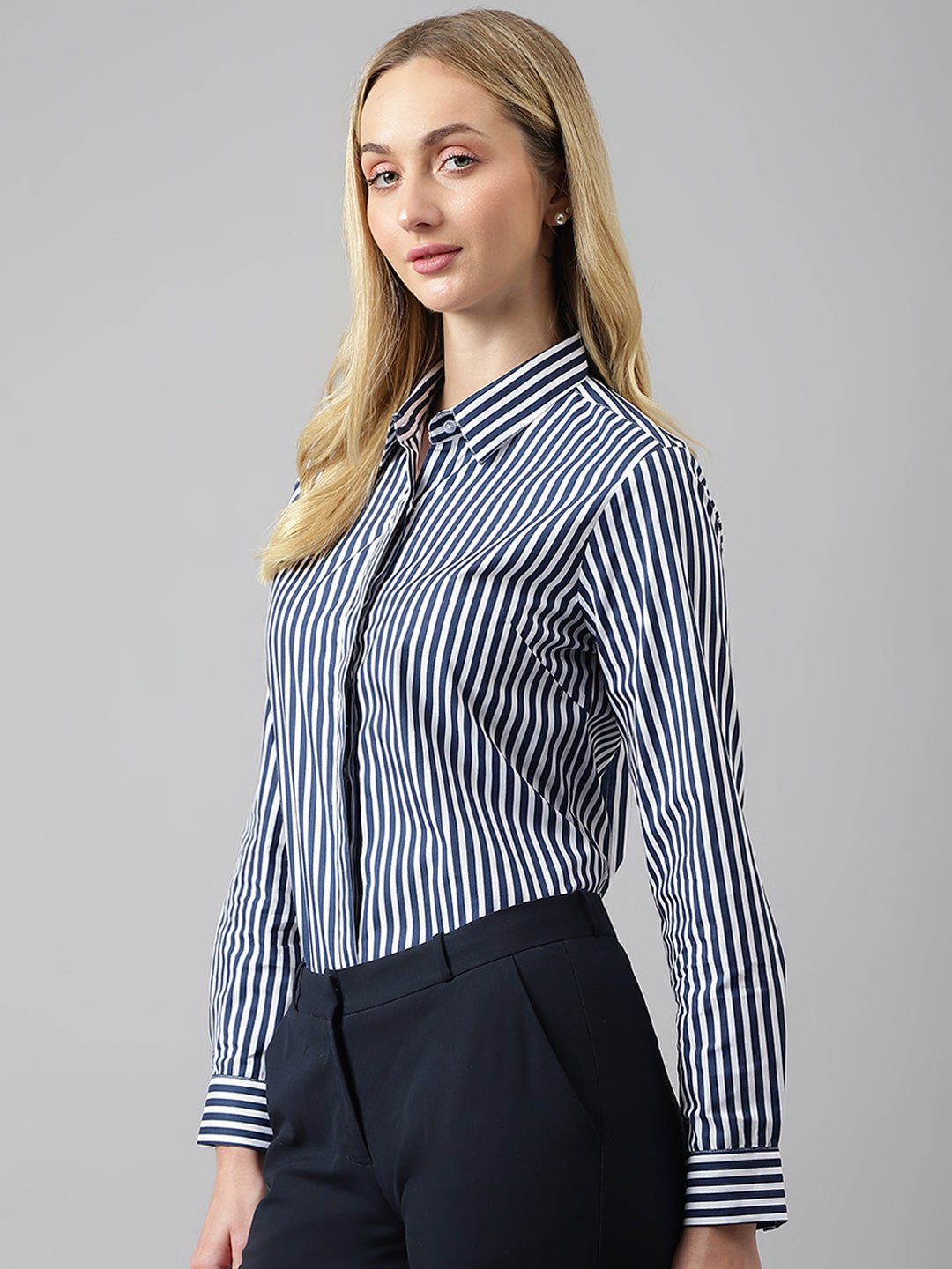 Women White &Navy Stripes Pure Cotton Regular Fit Formal Shirt - #folk republic#