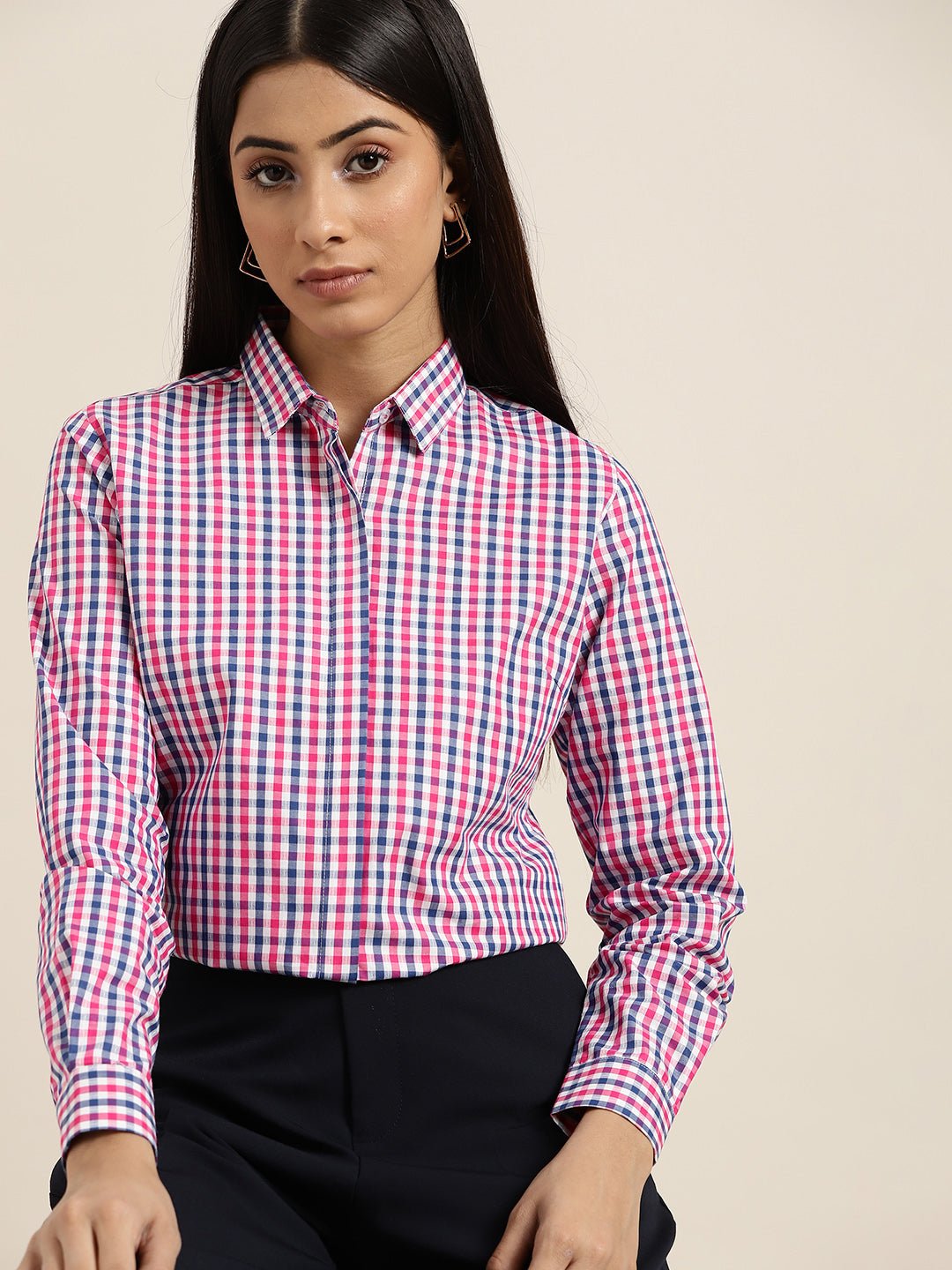 Women White & Pink Checks Pure Cotton Slim Fit Formal Shirt - #folk republic#