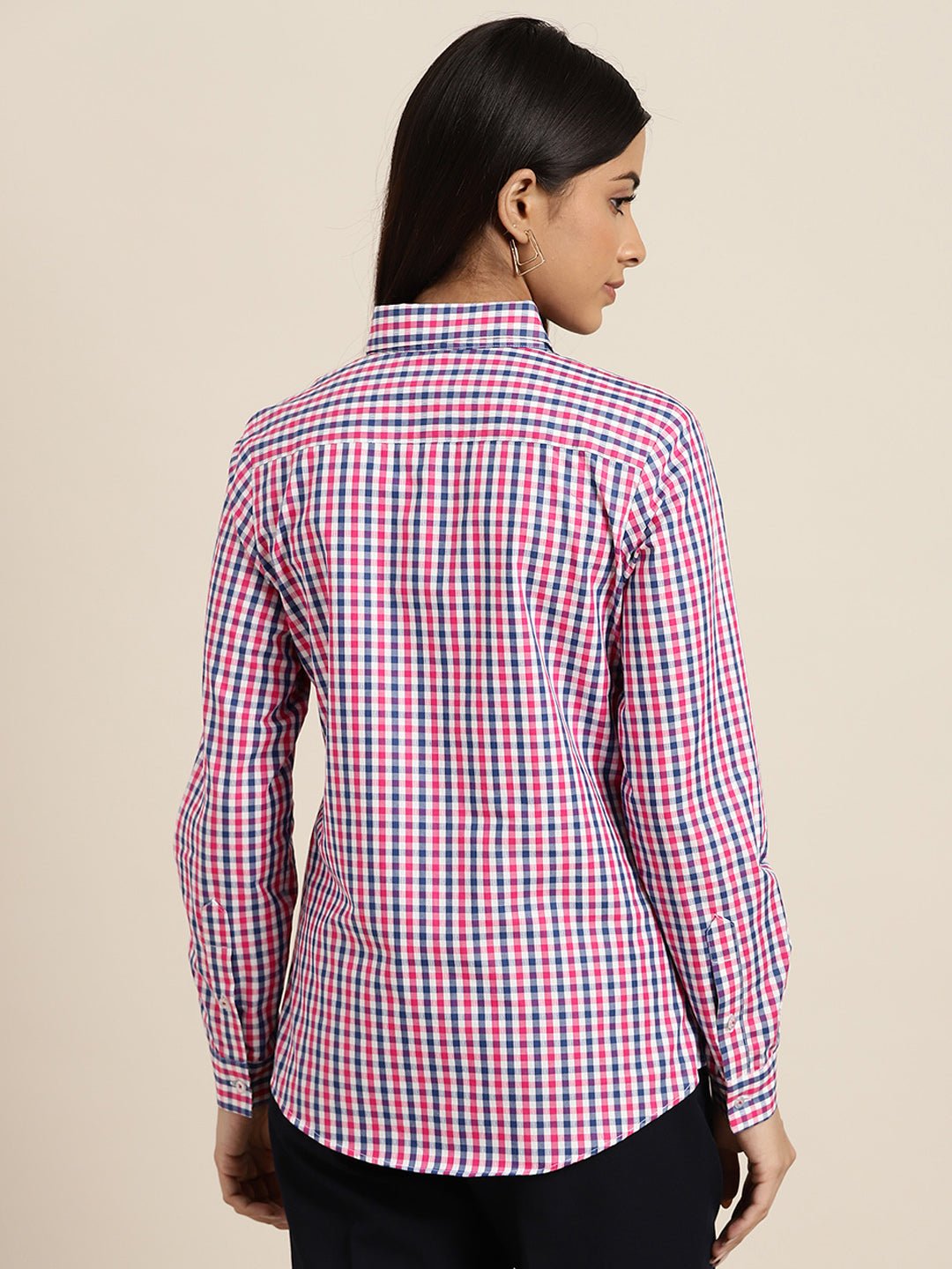 Women White & Pink Checks Pure Cotton Slim Fit Formal Shirt - #folk republic#