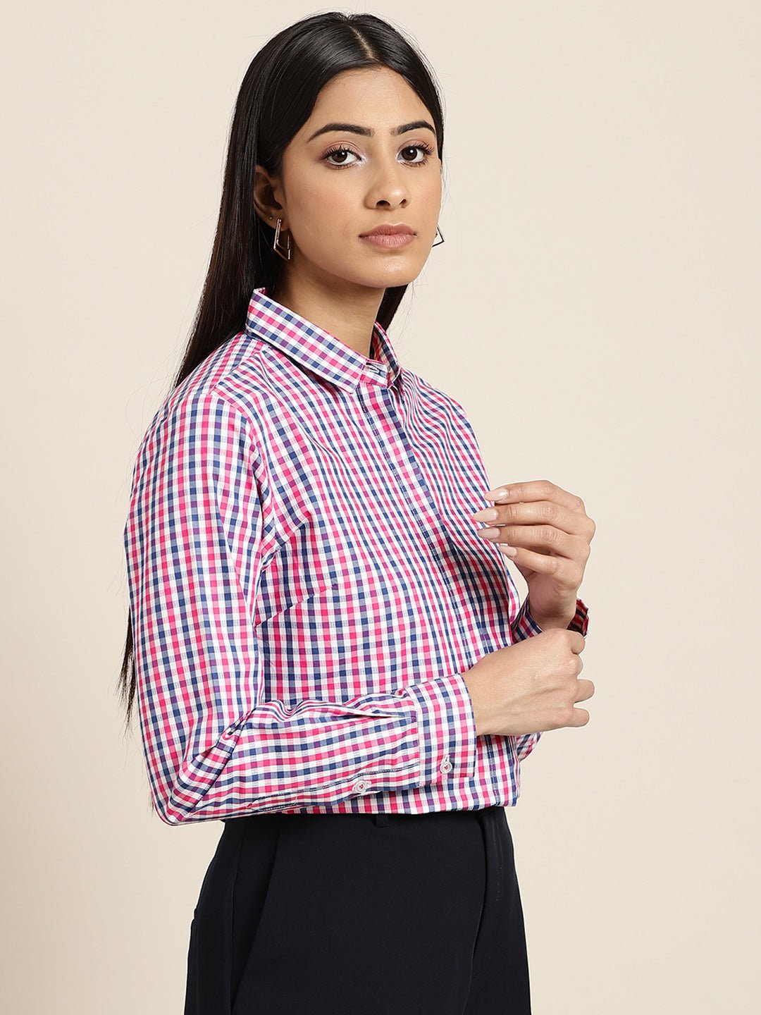 Women White & Pink Checks Pure Cotton Slim Fit Formal Shirt - #folk republic#
