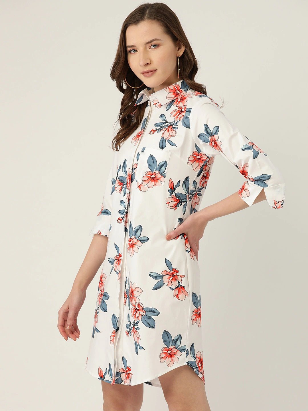 Women White Prints Pure Cotton Regular Fit Shirt Dress - #folk republic#