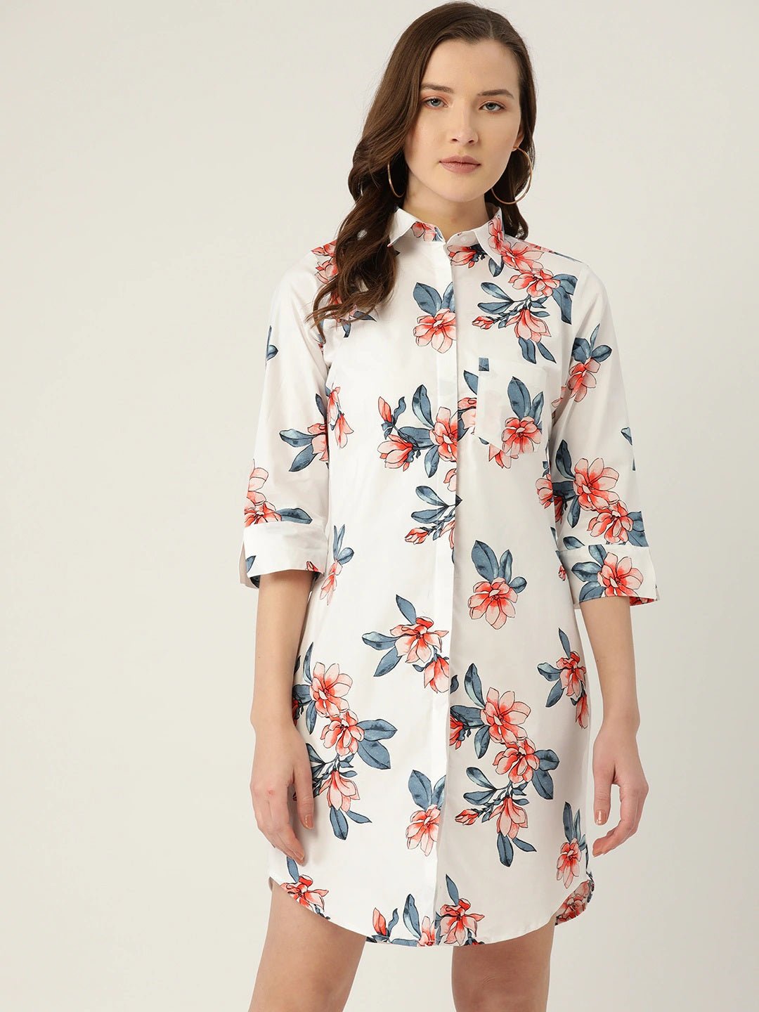 Women White Prints Pure Cotton Regular Fit Shirt Dress - #folk republic#