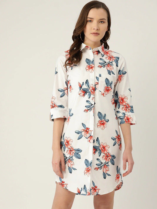Women White Prints Pure Cotton Regular Fit Shirt Dress - #folk republic#