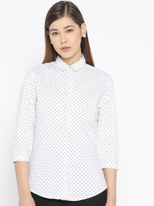 Women White Pure Cotton Polka Dot Printed Slim Fit Formal Shirt - #folk republic#