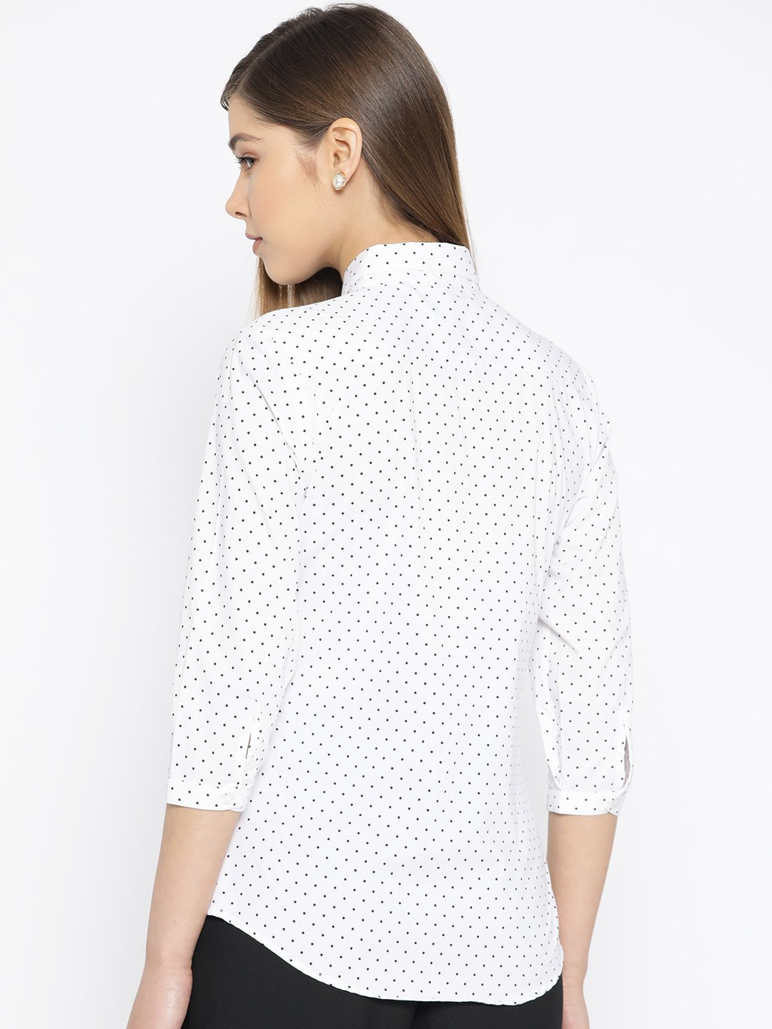 Women White Pure Cotton Polka Dot Printed Slim Fit Formal Shirt - #folk republic#