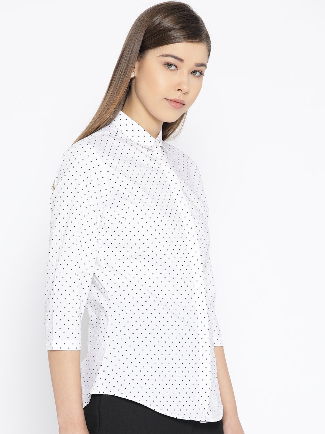 Women White Pure Cotton Polka Dot Printed Slim Fit Formal Shirt - #folk republic#