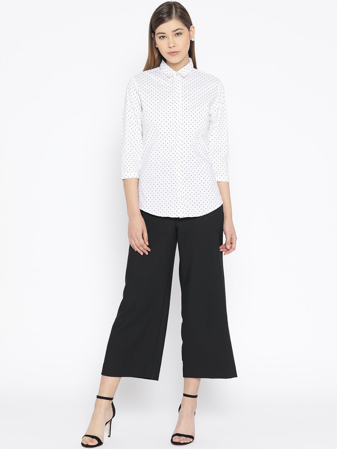 Women White Pure Cotton Polka Dot Printed Slim Fit Formal Shirt - #folk republic#