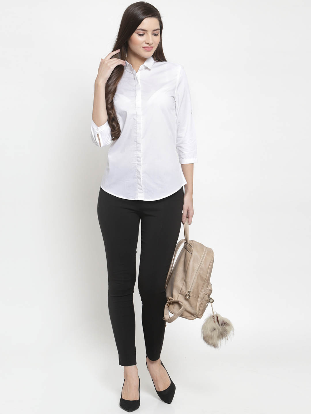 Women White Pure Cotton Solid Slim Fit Formal Shirt - #folk republic#