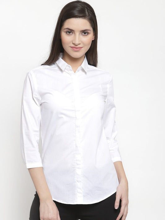 Women White Pure Cotton Solid Slim Fit Formal Shirt - #folk republic#