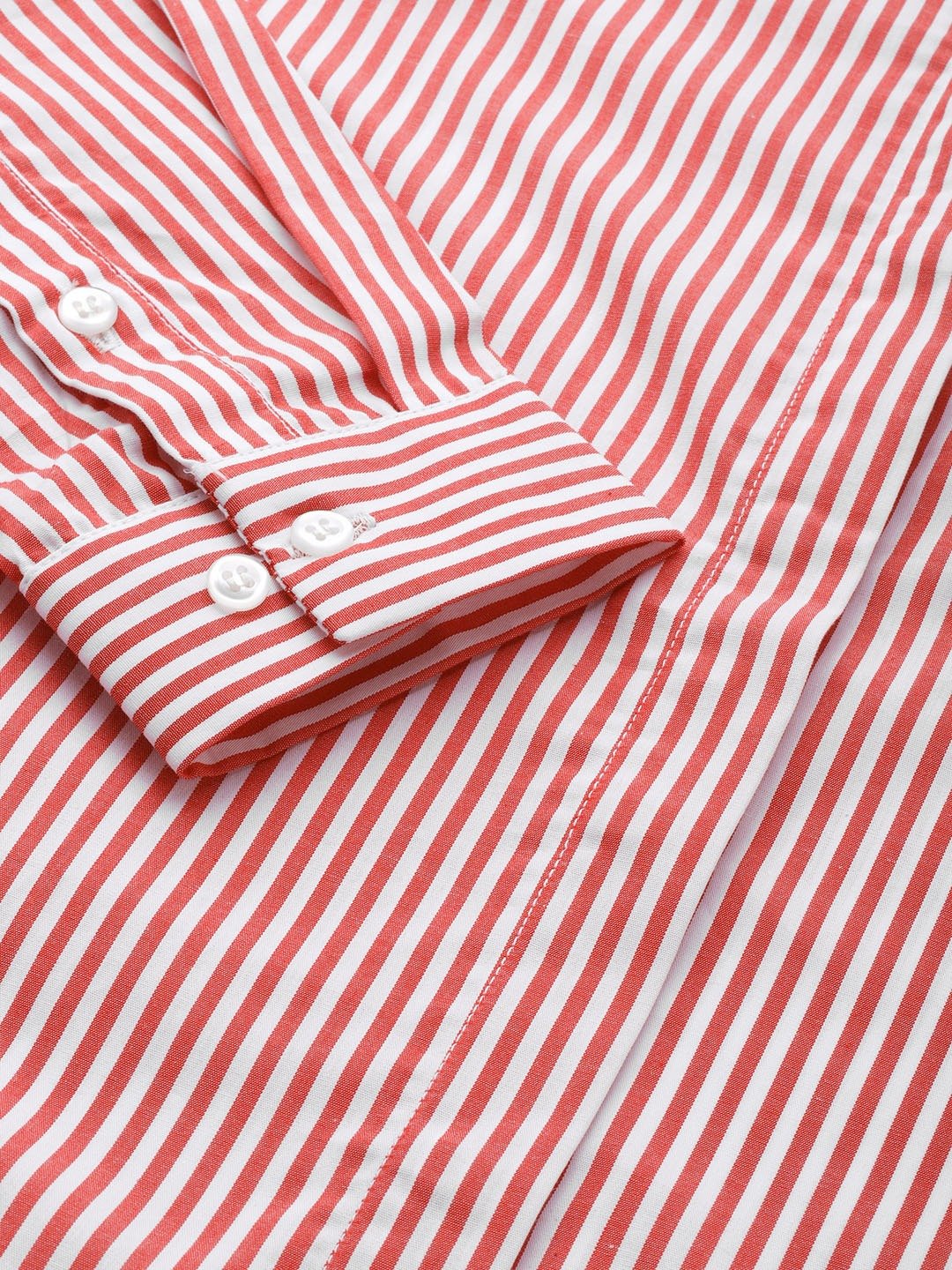 Women White & Red Stripes Pure Cotton Slim Fit Formal Shirt - #folk republic#