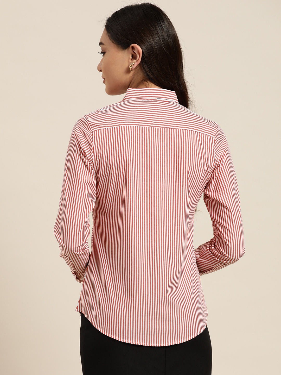 Women White & Red Stripes Pure Cotton Slim Fit Formal Shirt - #folk republic#