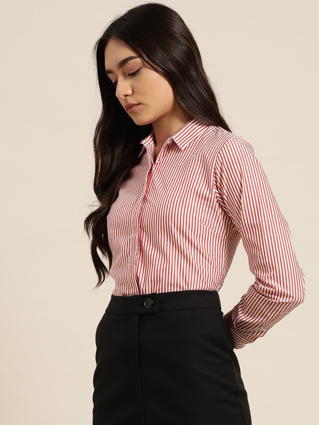 Women White & Red Stripes Pure Cotton Slim Fit Formal Shirt - #folk republic#
