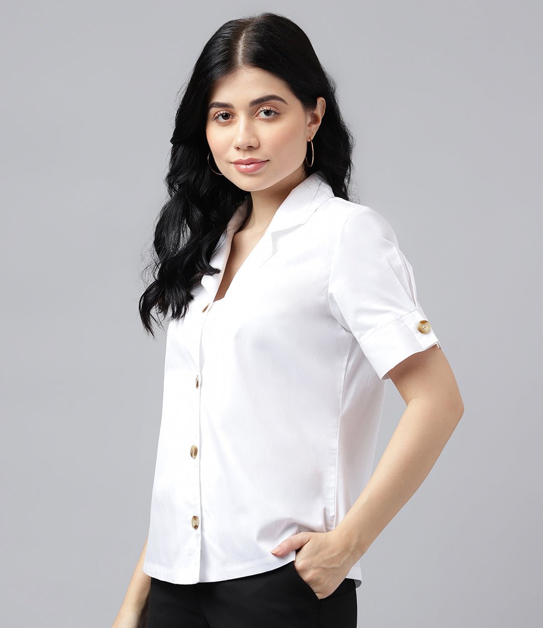 Women White Solid Pure Cotton Lapel Collar Regular Fit Formal Shirt - #folk republic#