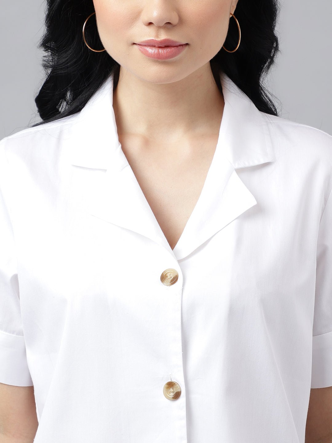 Women White Solid Pure Cotton Lapel Collar Regular Fit Formal Shirt - #folk republic#