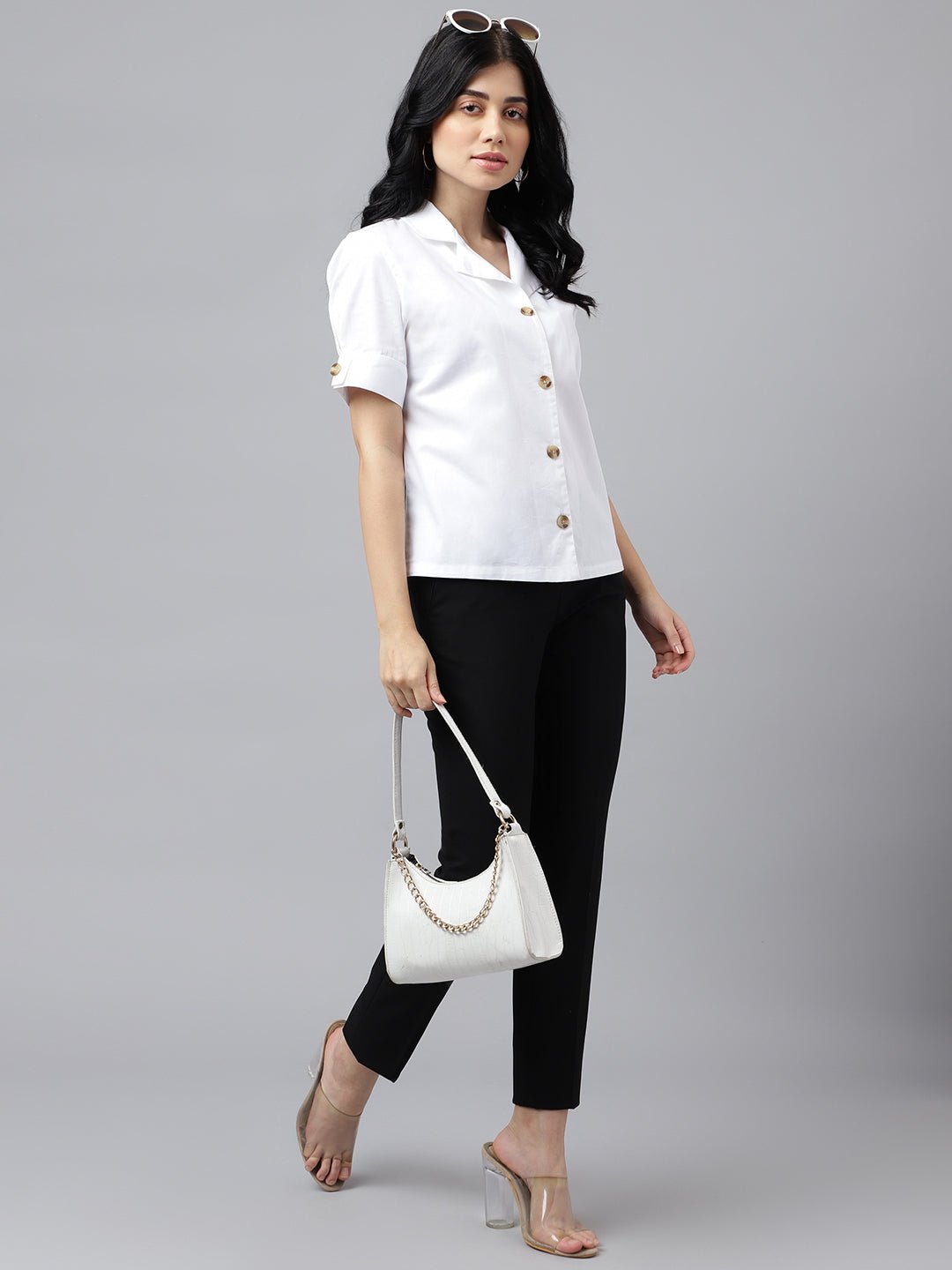 Women White Solid Pure Cotton Lapel Collar Regular Fit Formal Shirt - #folk republic#
