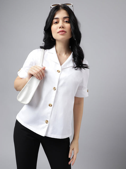 Women White Solid Pure Cotton Lapel Collar Regular Fit Formal Shirt - #folk republic#