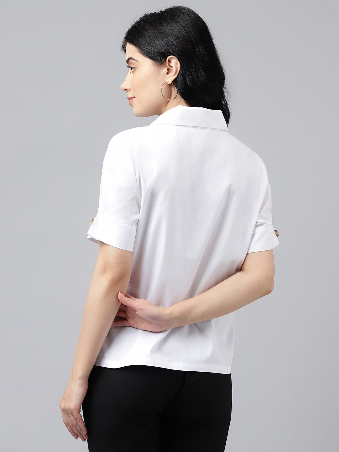 Women White Solid Pure Cotton Lapel Collar Regular Fit Formal Shirt - #folk republic#