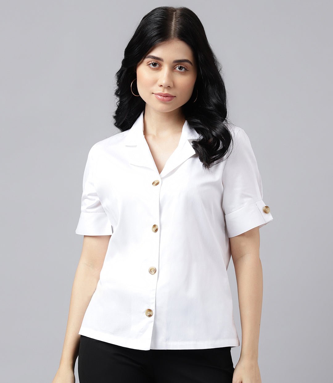 Women White Solid Pure Cotton Lapel Collar Regular Fit Formal Shirt - #folk republic#