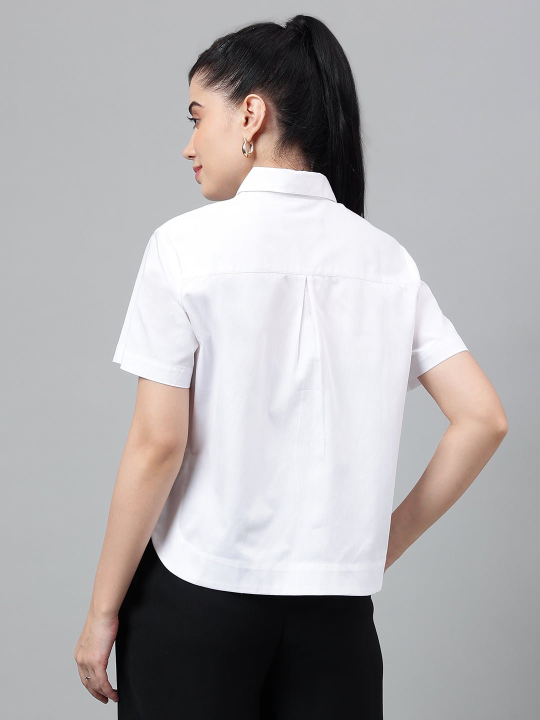 Women White Solid Pure Cotton Regular Fit Formal Crop Shirt - #folk republic#