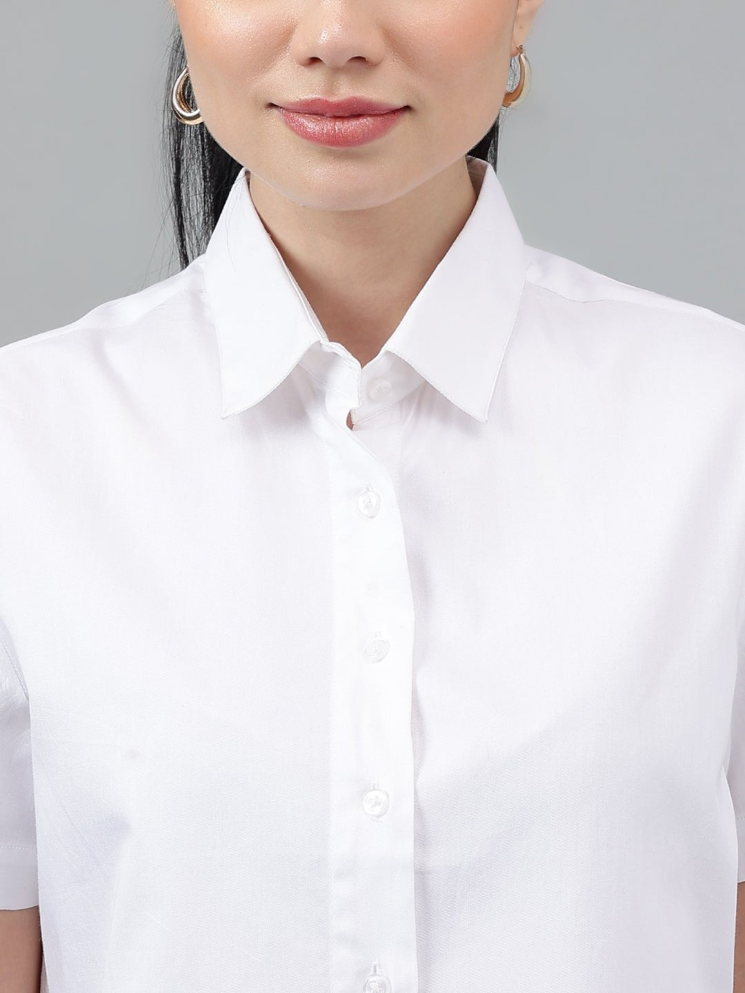 Women White Solid Pure Cotton Regular Fit Formal Crop Shirt - #folk republic#