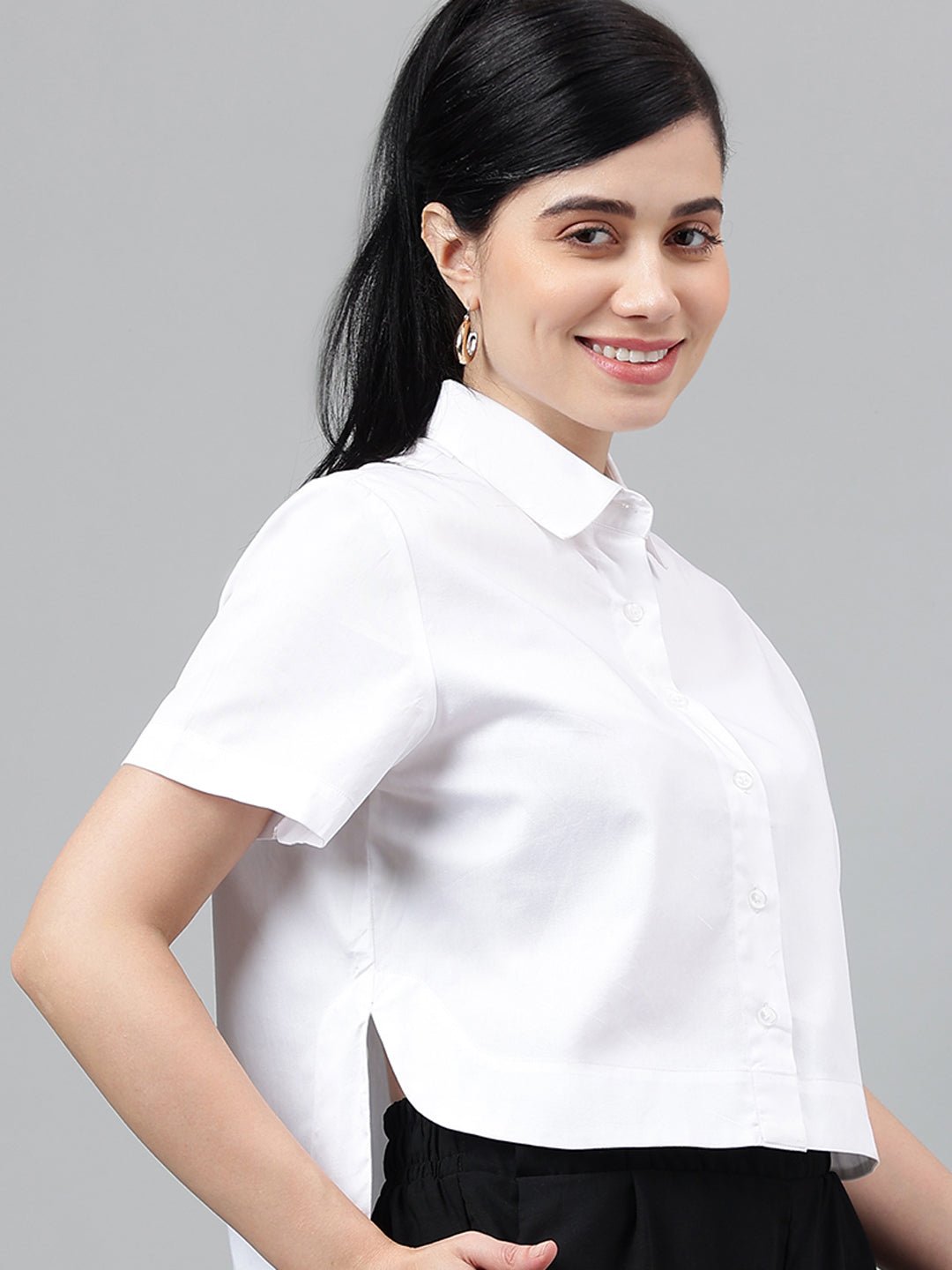 Women White Solid Pure Cotton Regular Fit Formal Crop Shirt - #folk republic#