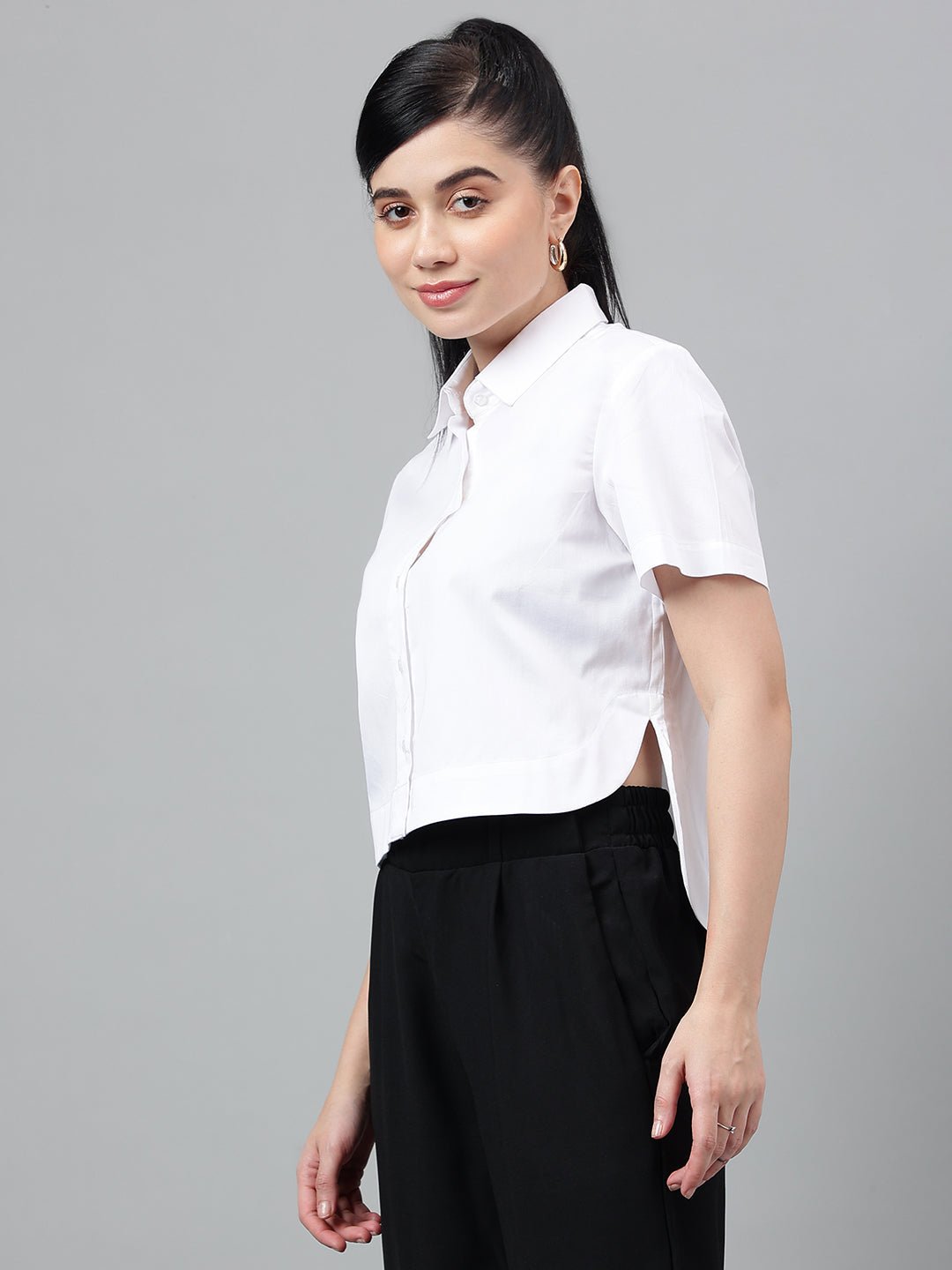 Women White Solid Pure Cotton Regular Fit Formal Crop Shirt - #folk republic#