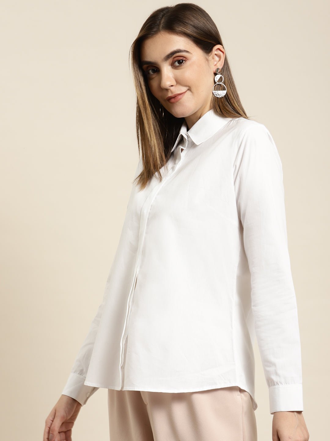 Women White Solid Pure Cotton Regular Fit Formal Shirt - #folk republic#