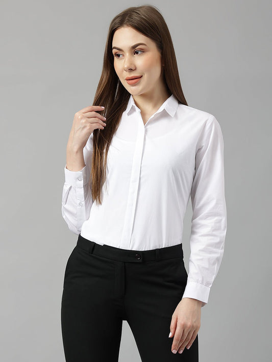 Women White Solid Pure Cotton Slim Fit Formal Shirt - #folk republic#