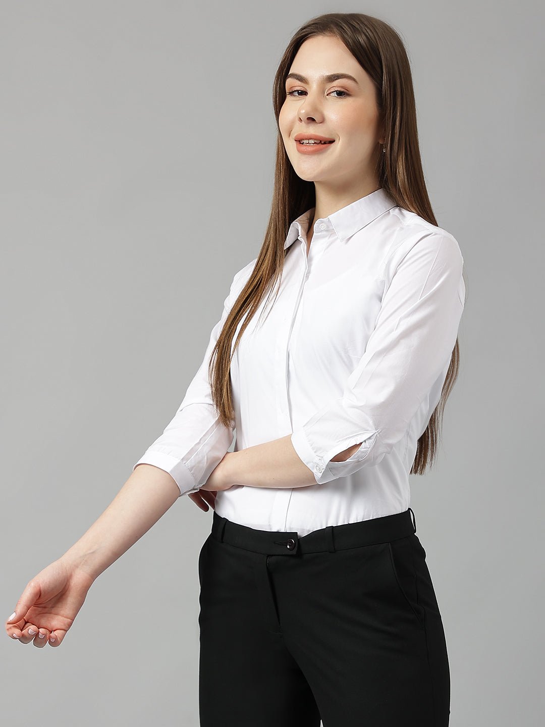 Women White Solid Pure Cotton Slim Fit Formal Shirt - #folk republic#
