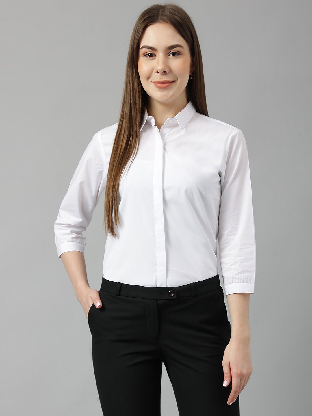 Women White Solid Pure Cotton Slim Fit Formal Shirt - #folk republic#