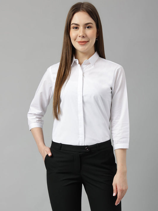 Women White Solid Pure Cotton Slim Fit Formal Shirt - #folk republic#