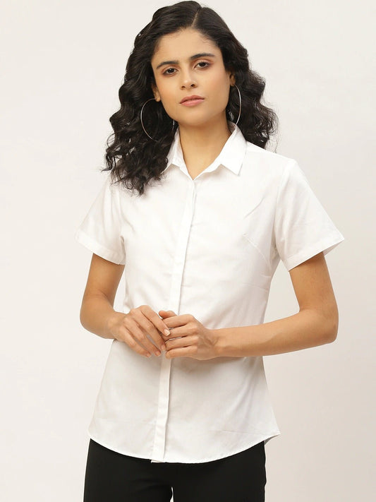 Women White Solids Pure Cotton Slim Fit Formal Shirt - #folk republic#