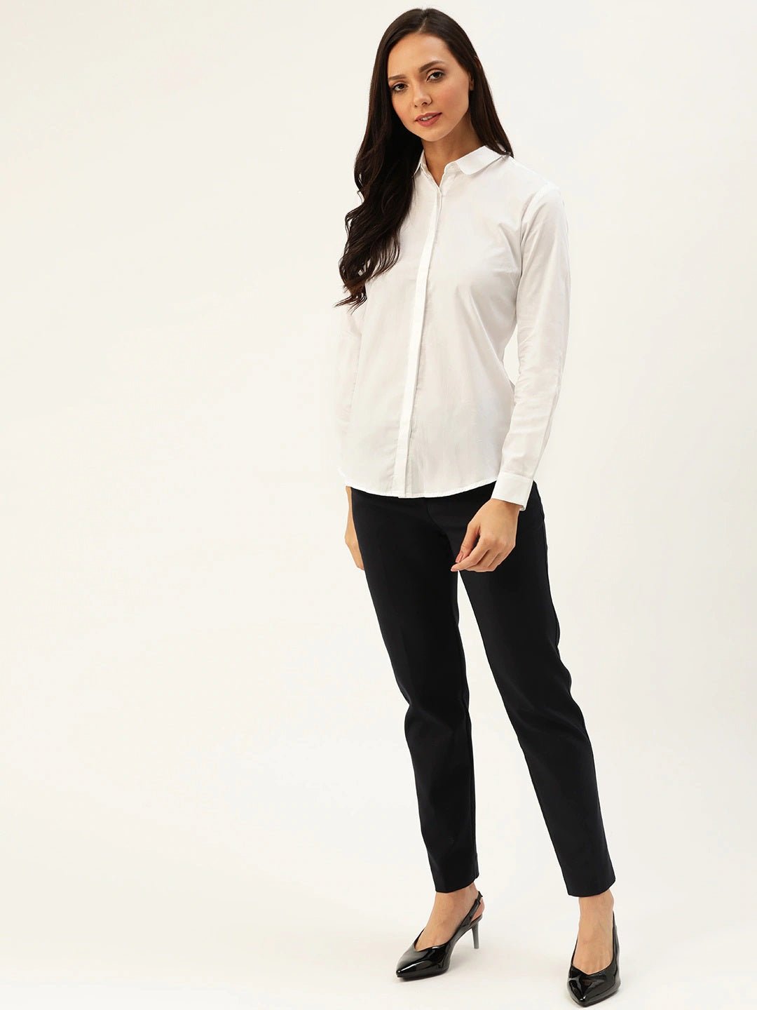 Women White Solids Pure Cotton Slim Fit Formal Shirt - #folk republic#