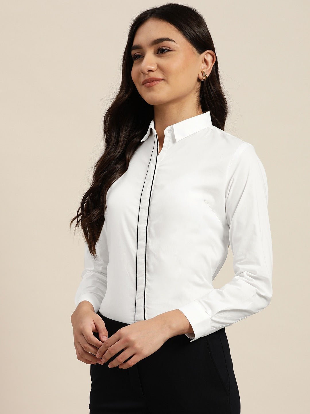Women White Solids Pure Cotton Slim Fit Formal Shirt - #folk republic#