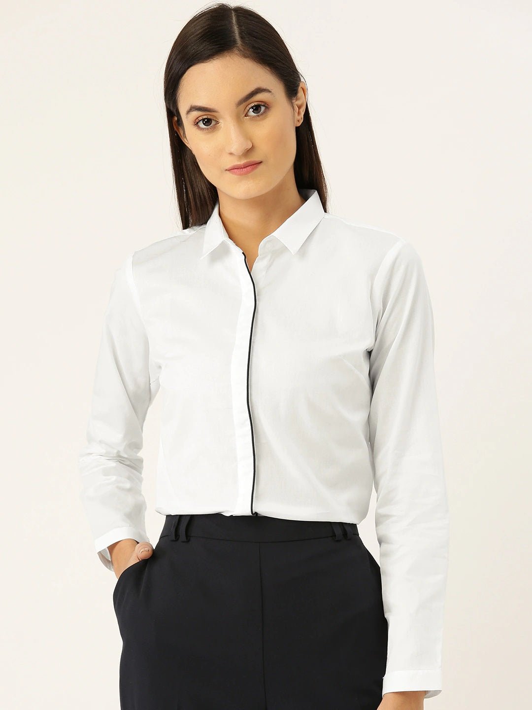 Women White Solids Pure Cotton Slim Fit Formal Shirt - #folk republic#