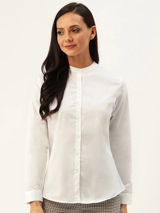 Women White Solids Pure Cotton Slim Fit Formal Shirt - #folk republic#
