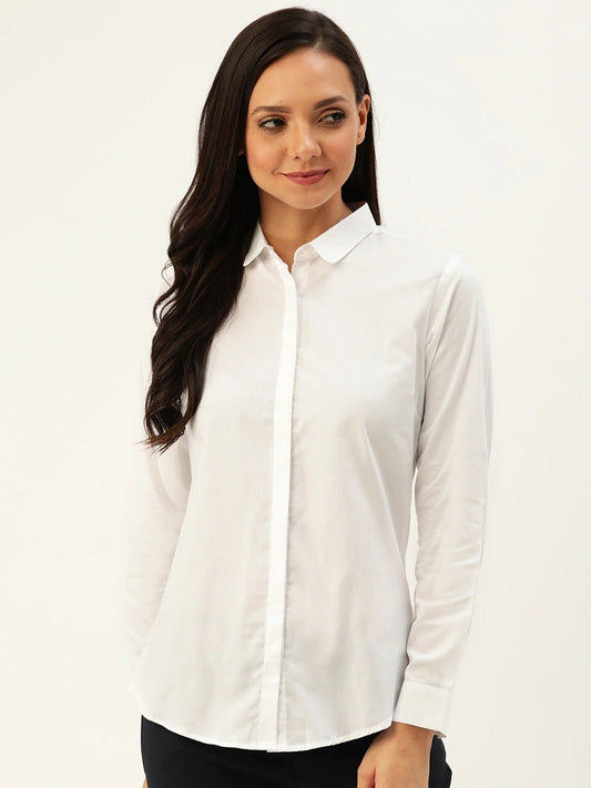 Women White Solids Pure Cotton Slim Fit Formal Shirt - #folk republic#