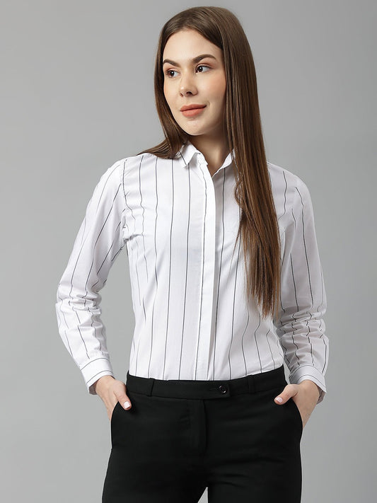 Women White Stripes Pure Cotton Slim Fit Formal Shirt - #folk republic#