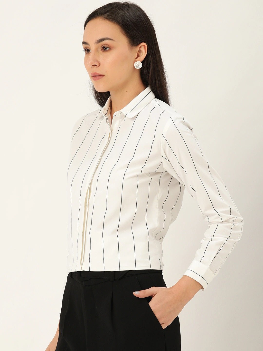 Women White Stripes Pure Cotton Slim Fit Formal Shirt - #folk republic#