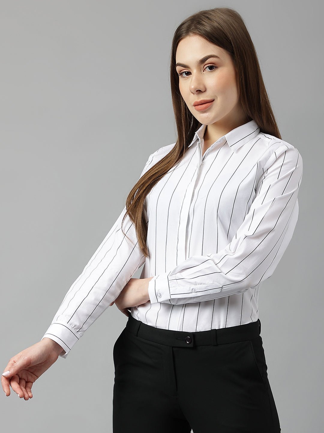 Women White Stripes Pure Cotton Slim Fit Formal Shirt - #folk republic#