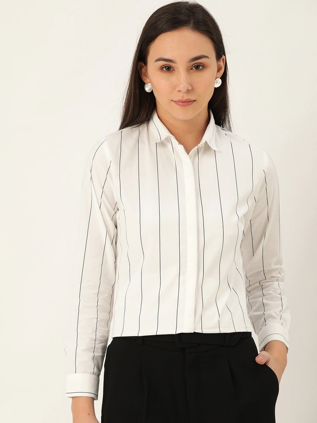 Women White Stripes Pure Cotton Slim Fit Formal Shirt - #folk republic#