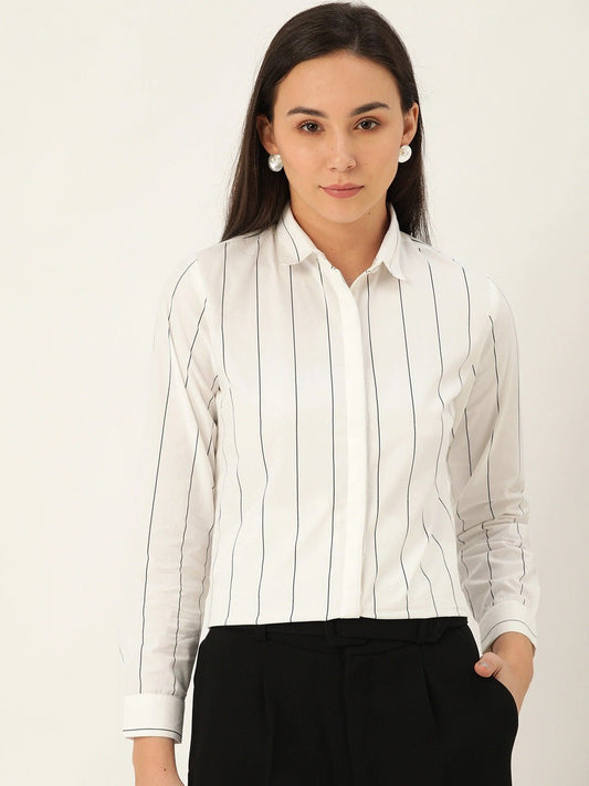 Women White Stripes Pure Cotton Slim Fit Formal Shirt - #folk republic#