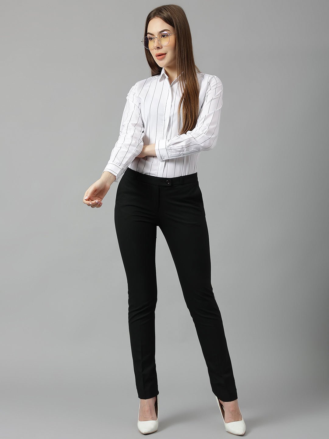 Women White Stripes Pure Cotton Slim Fit Formal Shirt - #folk republic#