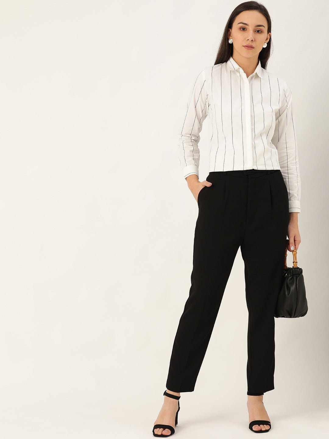 Women White Stripes Pure Cotton Slim Fit Formal Shirt - #folk republic#