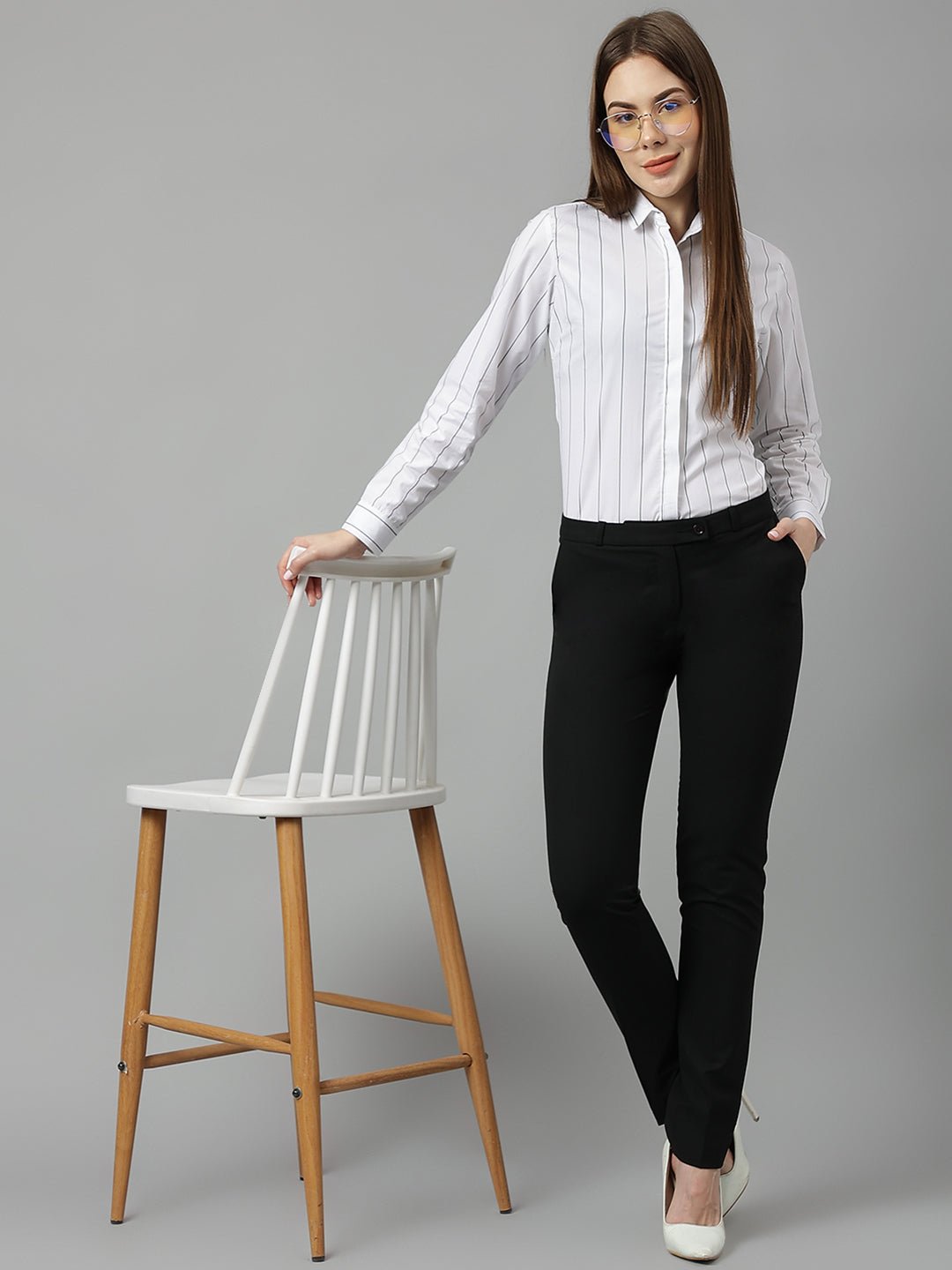 Women White Stripes Pure Cotton Slim Fit Formal Shirt - #folk republic#