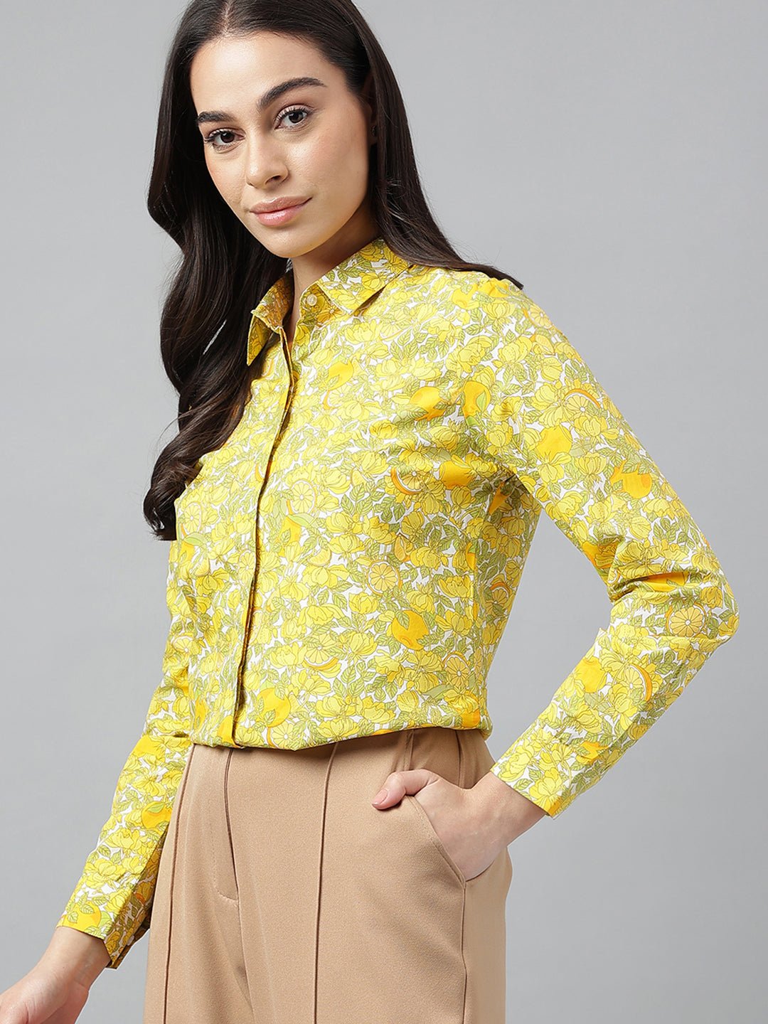 Women White & Yellow Prints Pure Cotton Regular Fit Formal Shirt - #folk republic#