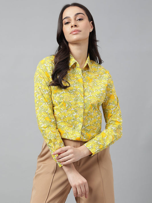 Women White & Yellow Prints Pure Cotton Regular Fit Formal Shirt - #folk republic#