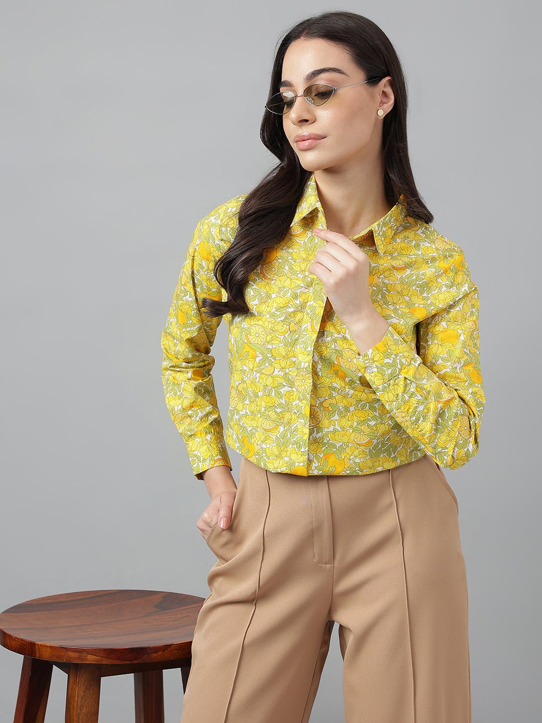 Women White & Yellow Prints Pure Cotton Regular Fit Formal Shirt - #folk republic#