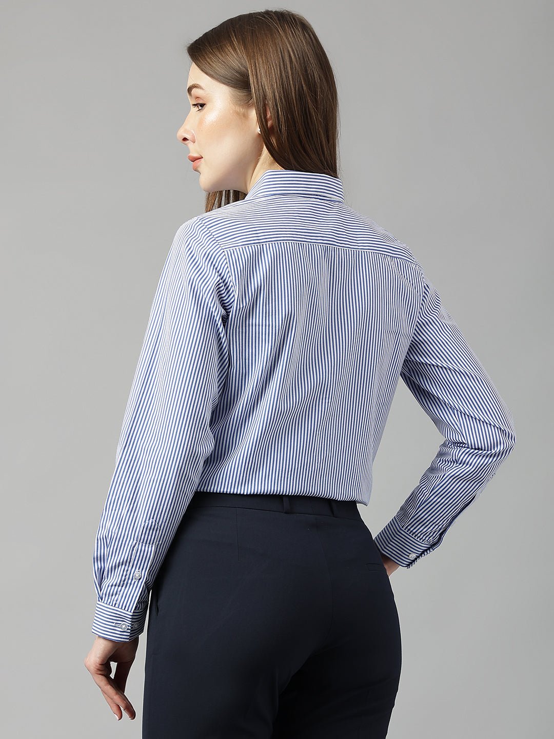 Women White&Blue Stripes Pure Cotton Slim Fit Formal Shirt - #folk republic#